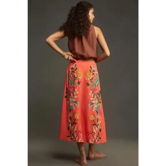 Farm Rio - Coral Floral Midi Skirt with Vibrant Print, Size M - Picture 2 of 10
